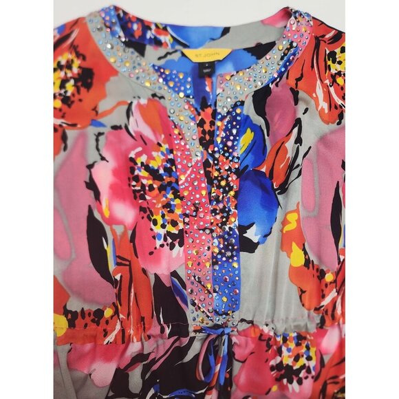 St. John Floral Tunic Dress With Rhinestone Accents Size P Silk Blend - Picture 11 of 15